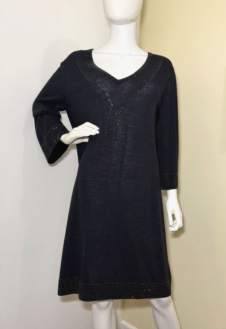 St John Evening Black Rhinestone Santana Knit A-Line Dress Size 10
